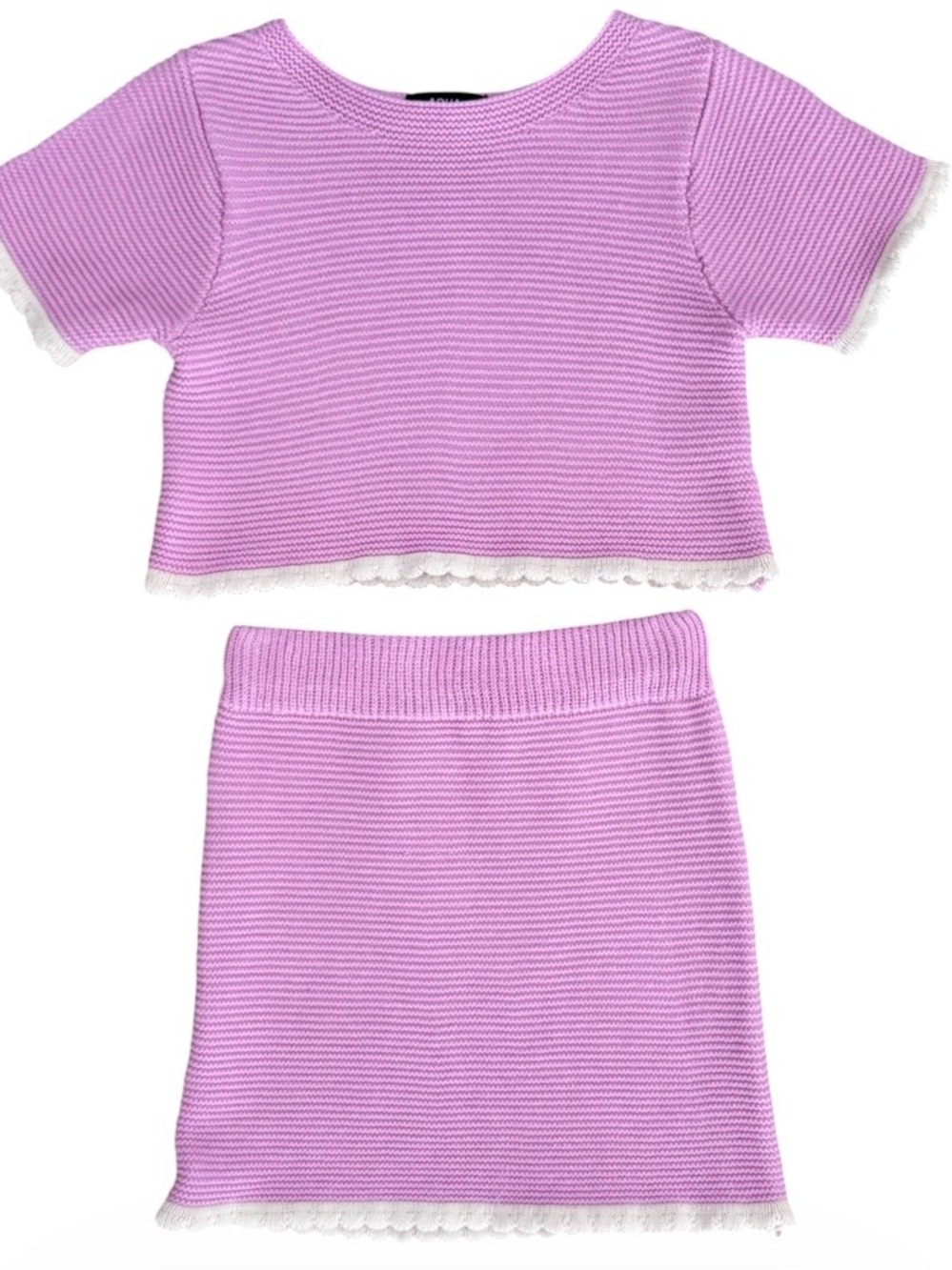 AQUA Girls Purple Ivory Ribbed Short Sleeve Crop Top Skirt Scallop Set M 9 10
